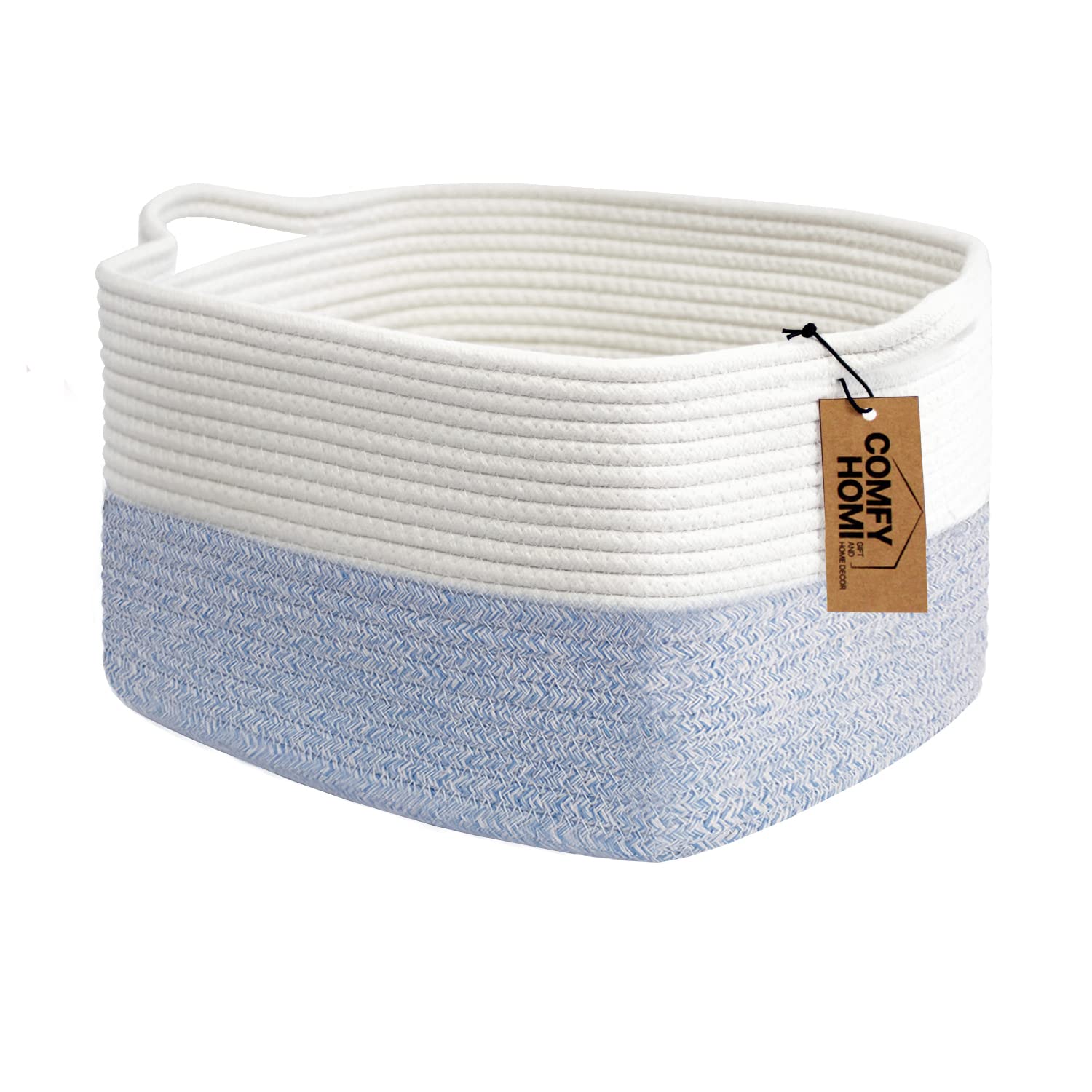 Comfy-Homi Cotton Rope Woven Basket With Handles For Shelf,Toy, Book, Cloth Storage Basket For Organizing-13.5'X11'X9.5' Storage Bin For Living Room, Newborn Or Infant Gift For Boy Girl (White/Blue)